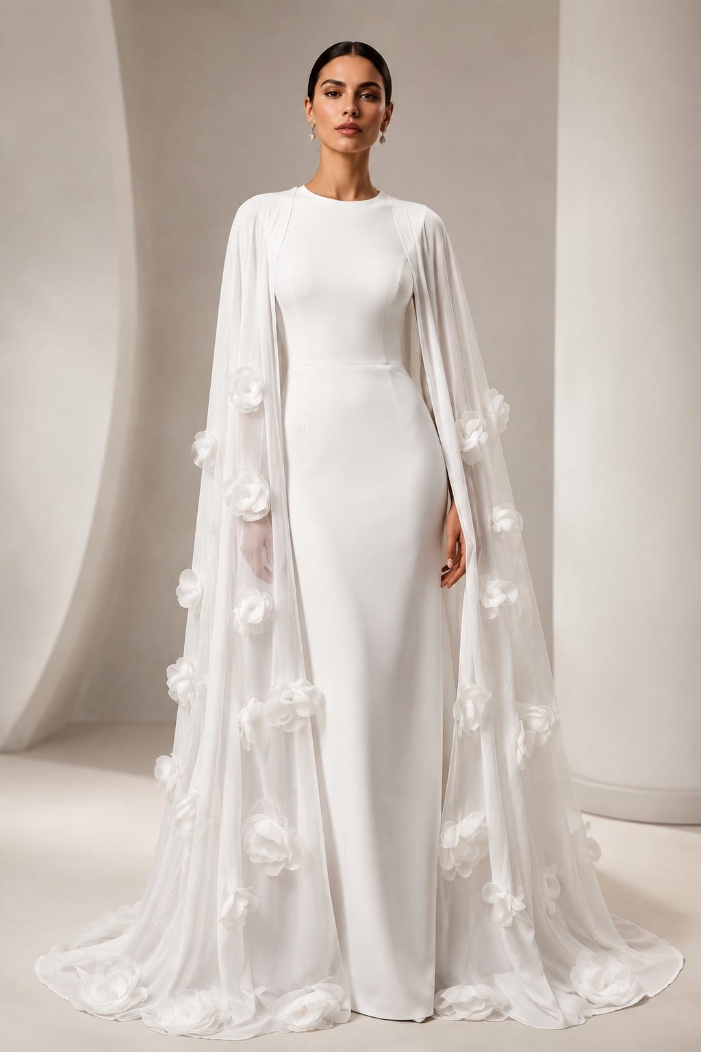 Women's white long sleeve maxi dress with 3D floral cape