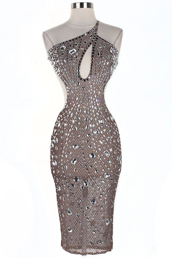 Women's Rhinestone Mesh One-Shoulder Midi Dress
