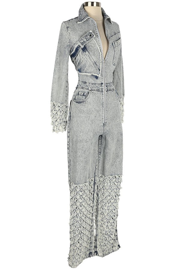 Women's Embellished Long Sleeve Zip-Front Denim Jumpsuit - photo 2