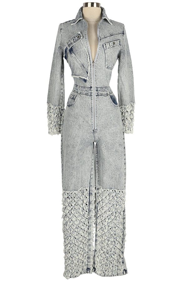 Women's Embellished Long Sleeve Zip-Front Denim Jumpsuit