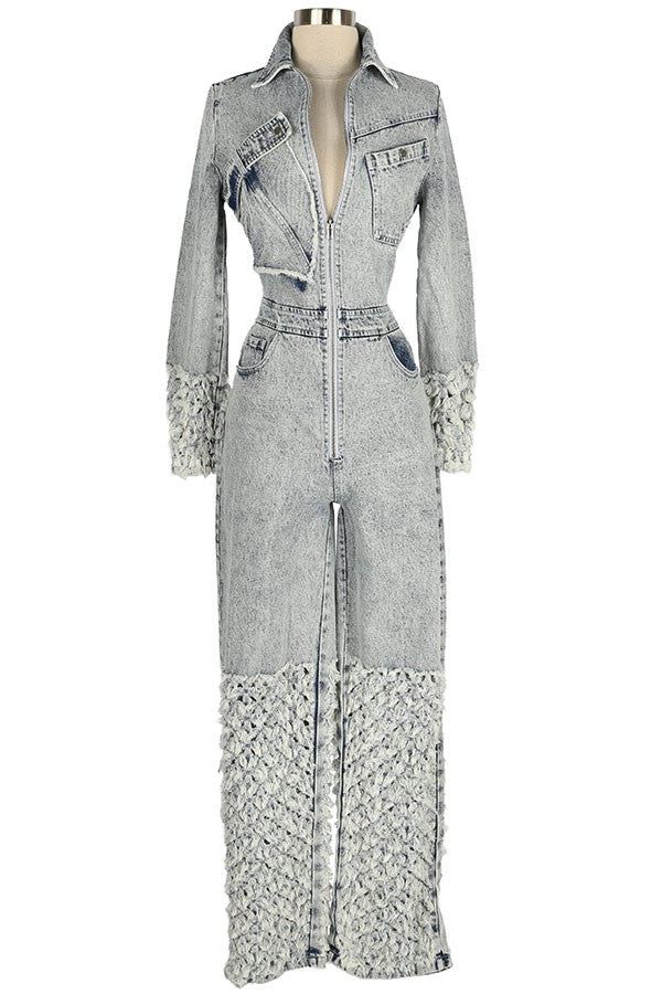 Women's Embellished Long Sleeve Zip-Front Denim Jumpsuit