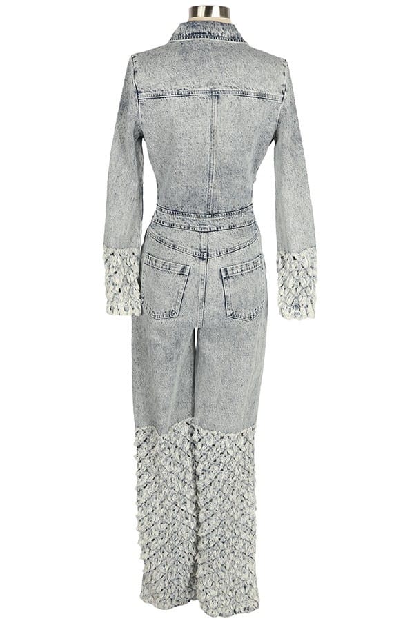 Women's Embellished Long Sleeve Zip-Front Denim Jumpsuit - photo 3