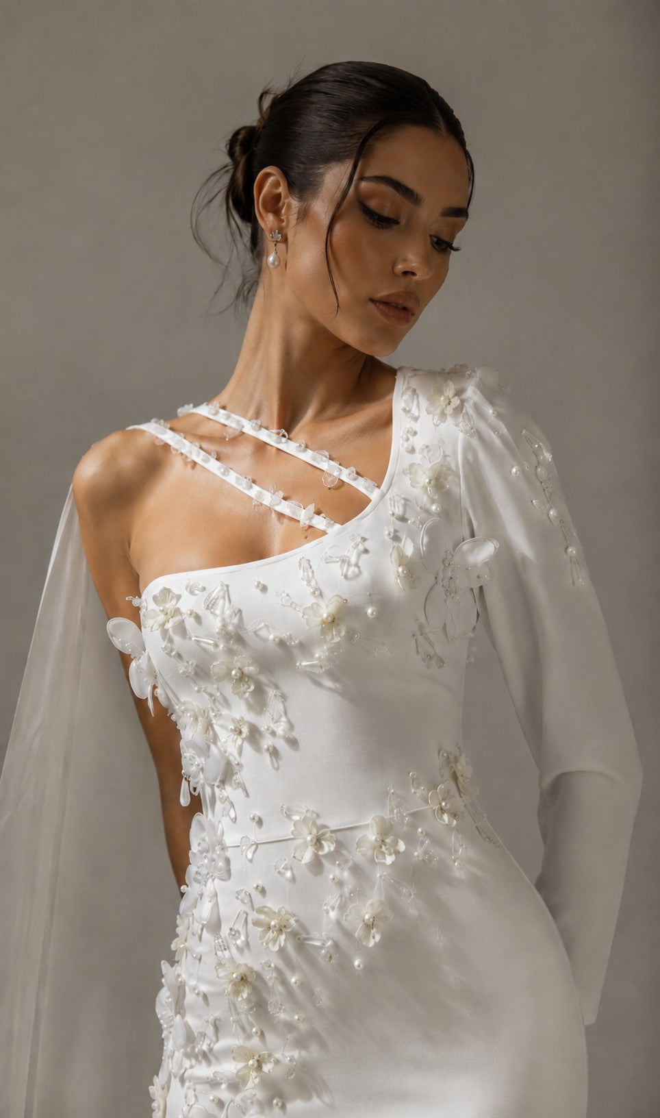 Women's white asymmetric lace applique cape-sleeve maxi dress