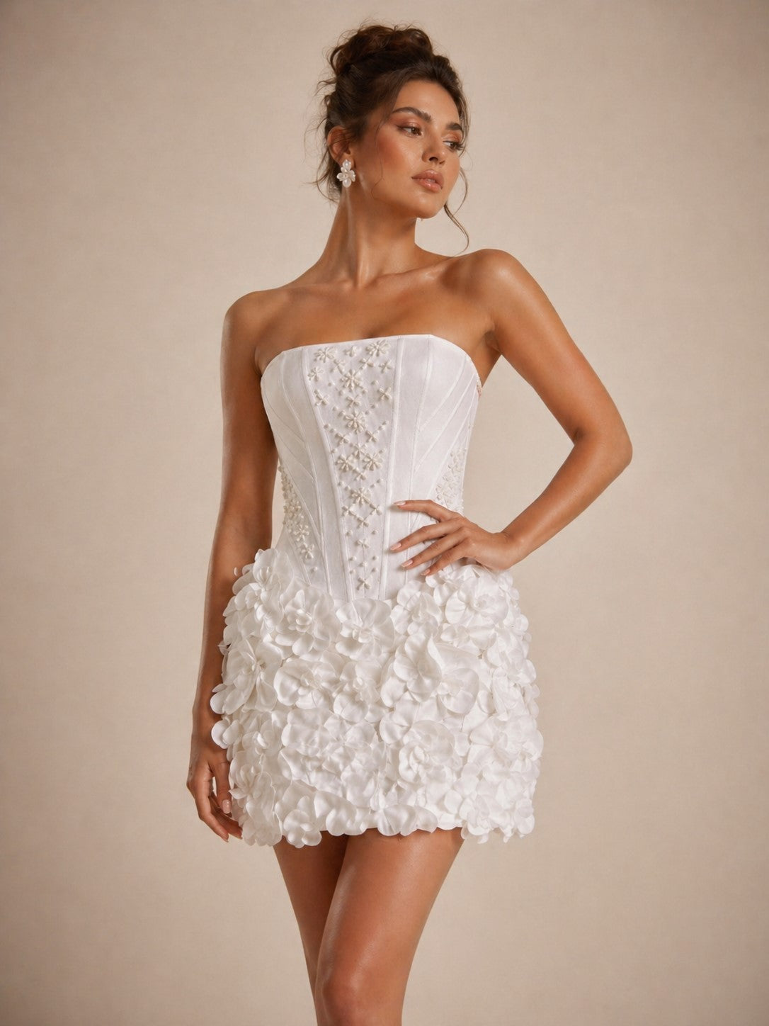 Women's white strapless corset mini dress with 3D rose skirt - photo 3
