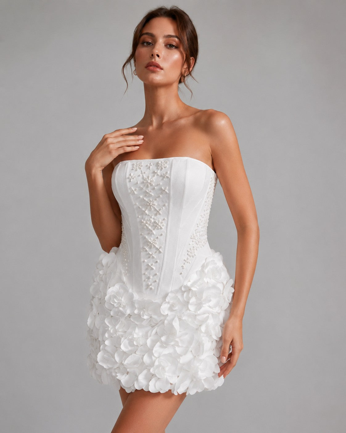 Women's white strapless corset mini dress with 3D rose ruffle skirt
