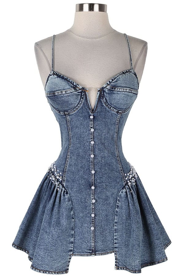 Women's Denim Corset Tiered Ruffle Mini Dress - photo 2