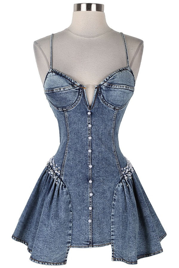 Women's Denim Corset Tiered Ruffle Mini Dress - photo 2