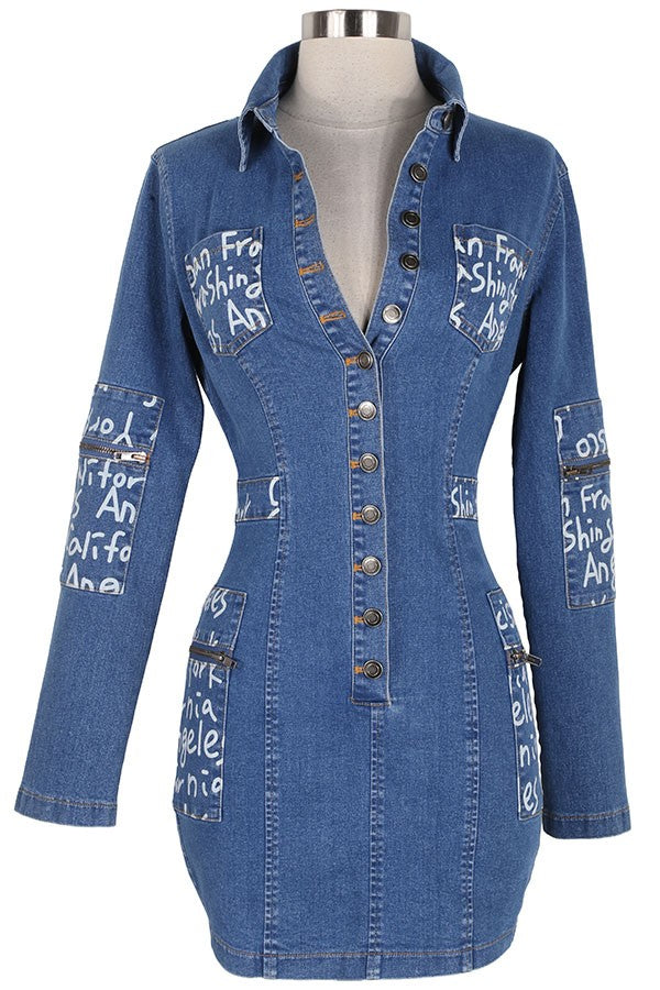 Women's Graphic Print Long Sleeve Zip-Front Denim Mini Dress