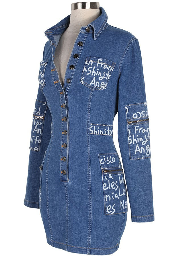 Women's Graphic Print Long Sleeve Zip-Front Denim Mini Dress - photo 2