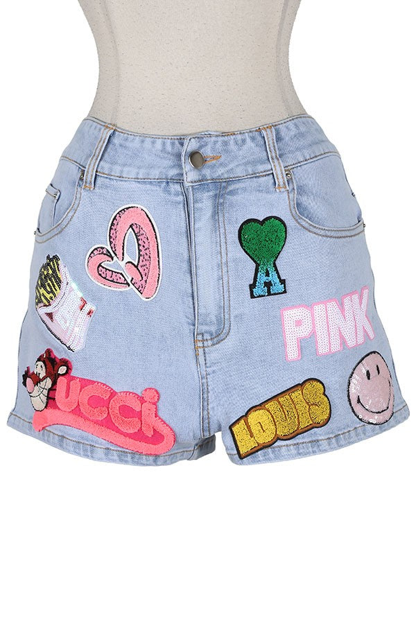 Women's Graphic Patch Light Wash Denim Shorts
