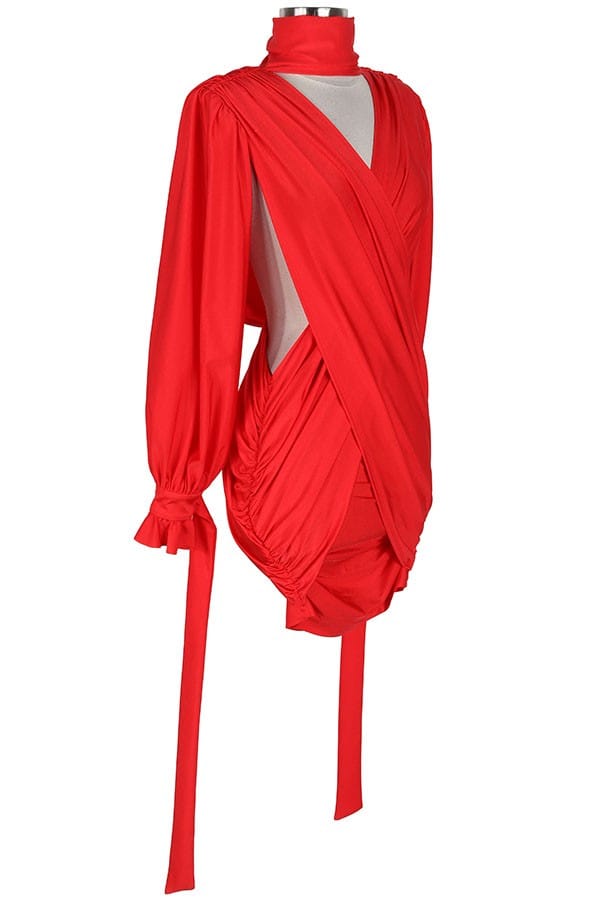 Women's Plunge Long Sleeve Wrap Tie Mini Dress - photo 2