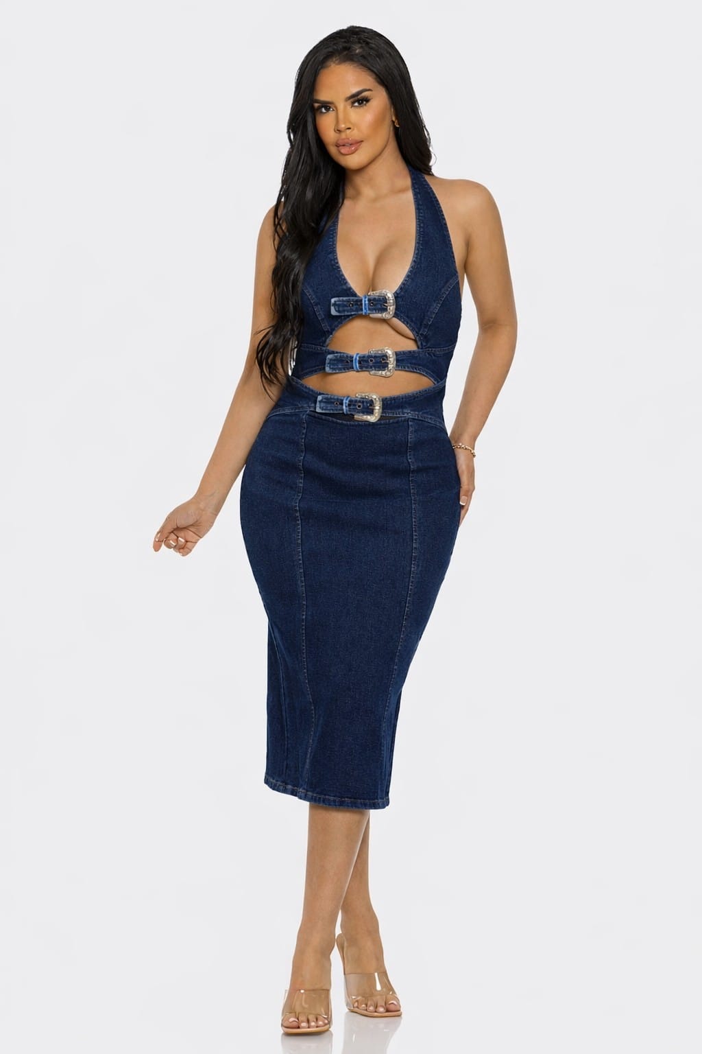 Women's Vanta Curve Denim Halter Cutout Buckle Midi Dress – full-length view