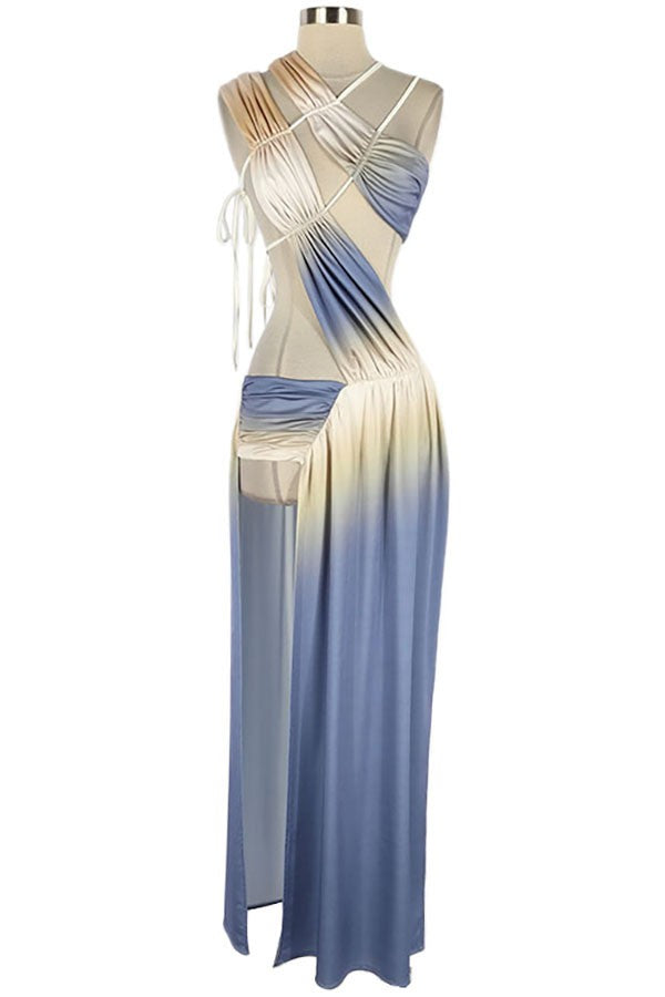Women's blue combo ombre halter cutout slit maxi dress - photo 2