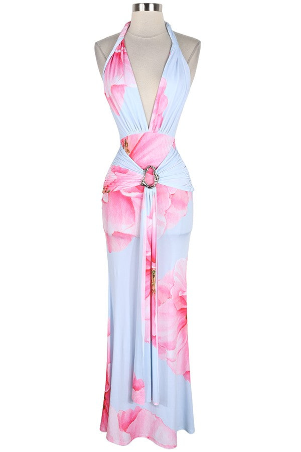 Women's Floral Plunge Halter Slit Maxi Dress - photo 2