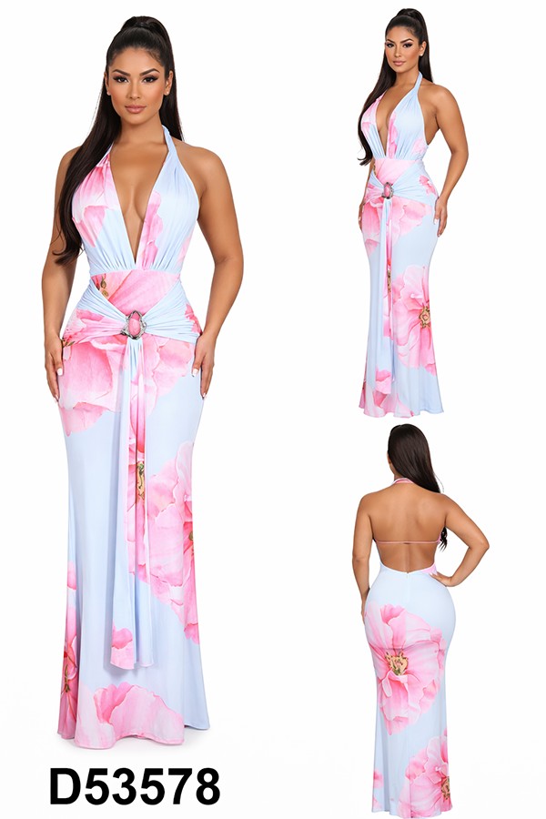 Women's Floral Plunge Halter Slit Maxi Dress
