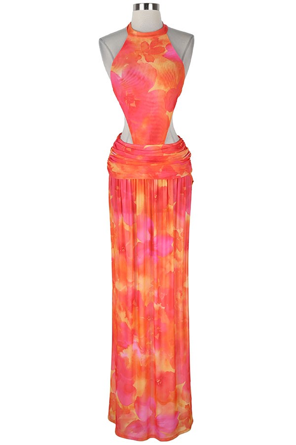 Women's Tropical Floral Halter Slit Maxi Dress