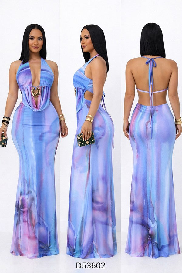 Women's Watercolor Print Halter Flowy Maxi Dress