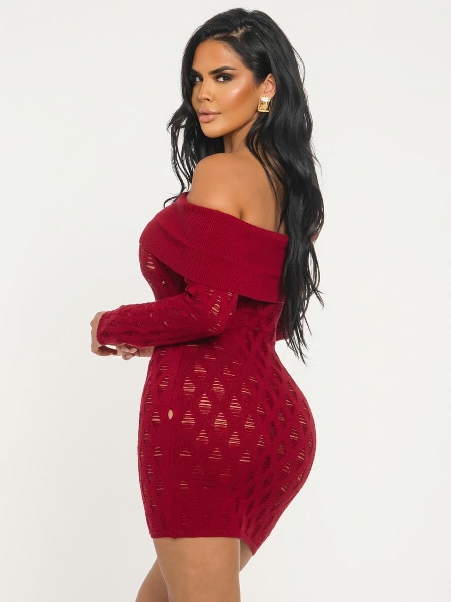 Women's Cozy Allure Off Shoulder Sweater Knit Mini Dress – detail view