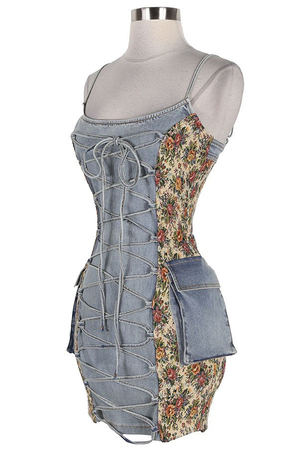 Women's Strapless Lace-Up Front Denim Bodycon Mini Dress - photo 3