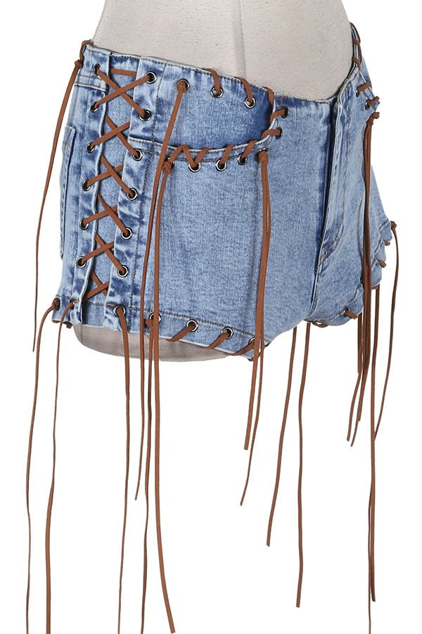 Women's High-Waist Lace-Up Side Light Wash Denim Shorts - photo 3