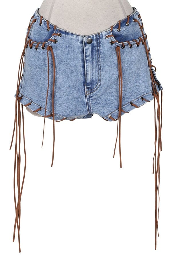 Women's High-Waist Lace-Up Side Light Wash Denim Shorts - photo 2
