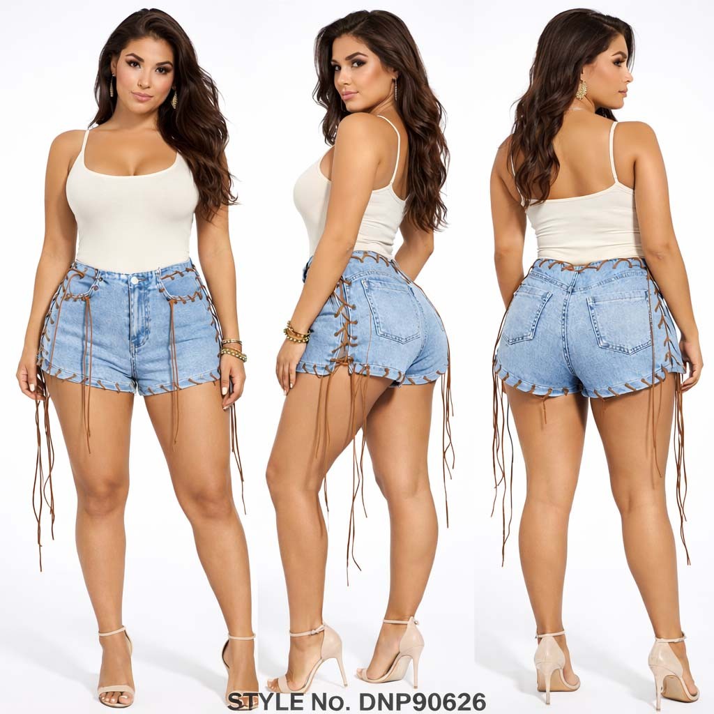 Women's High-Waist Lace-Up Side Light Wash Denim Shorts