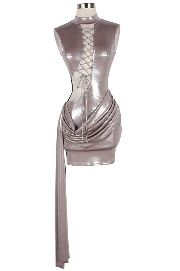 Women's Metallic Lace-Up Halter Side Cutout Mini Dress - photo 2