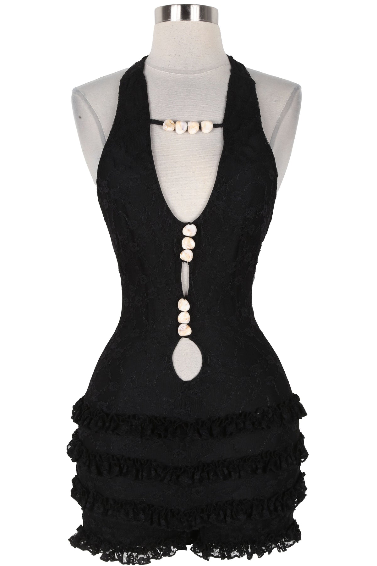 Women's black shell trim halter lace ruffle romper - photo 4