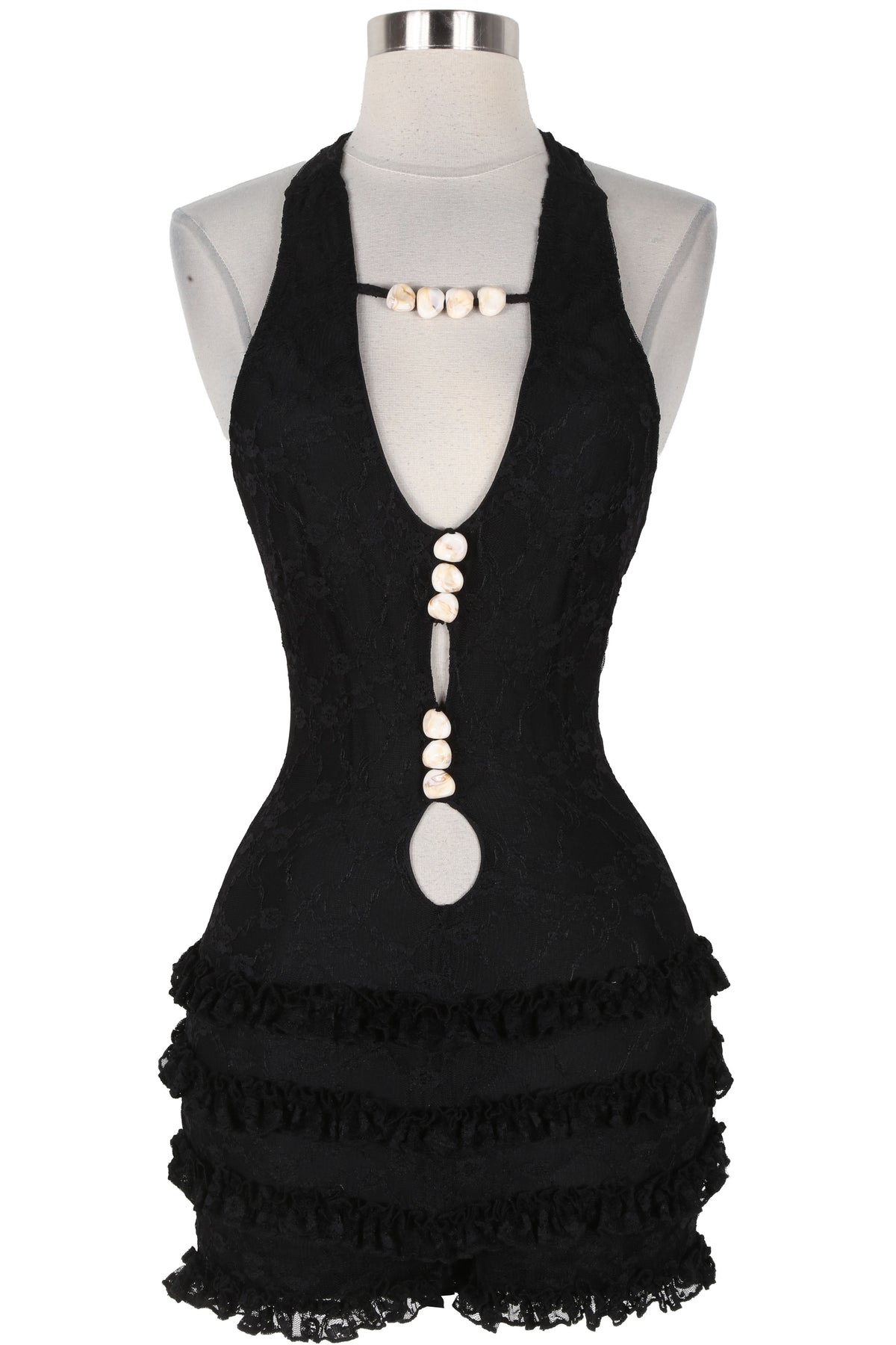Women's black shell trim halter lace ruffle romper - photo 4