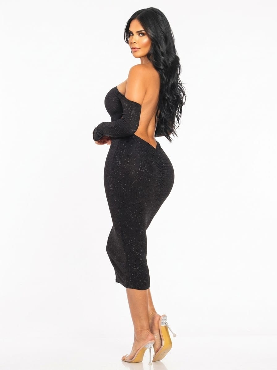 Women's Black Midnight Allure Open Back Long Sleeve Midi Dress – back view
