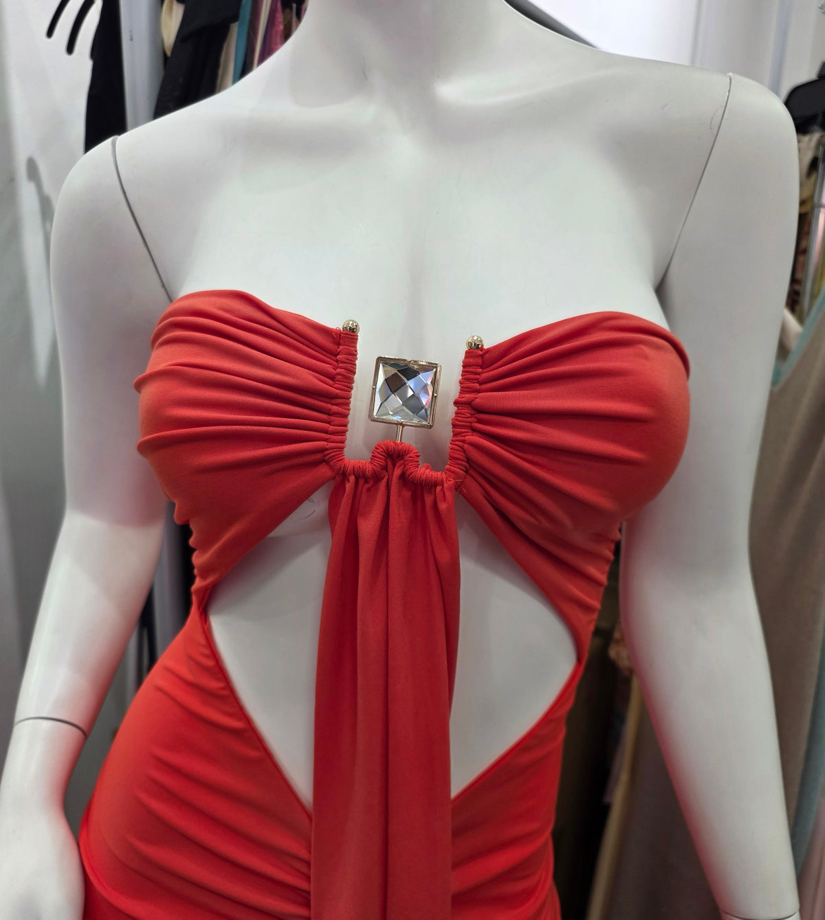 Women's Orange Solara Drape Strapless Cutout Ruched Bodycon Maxi Gown – back view