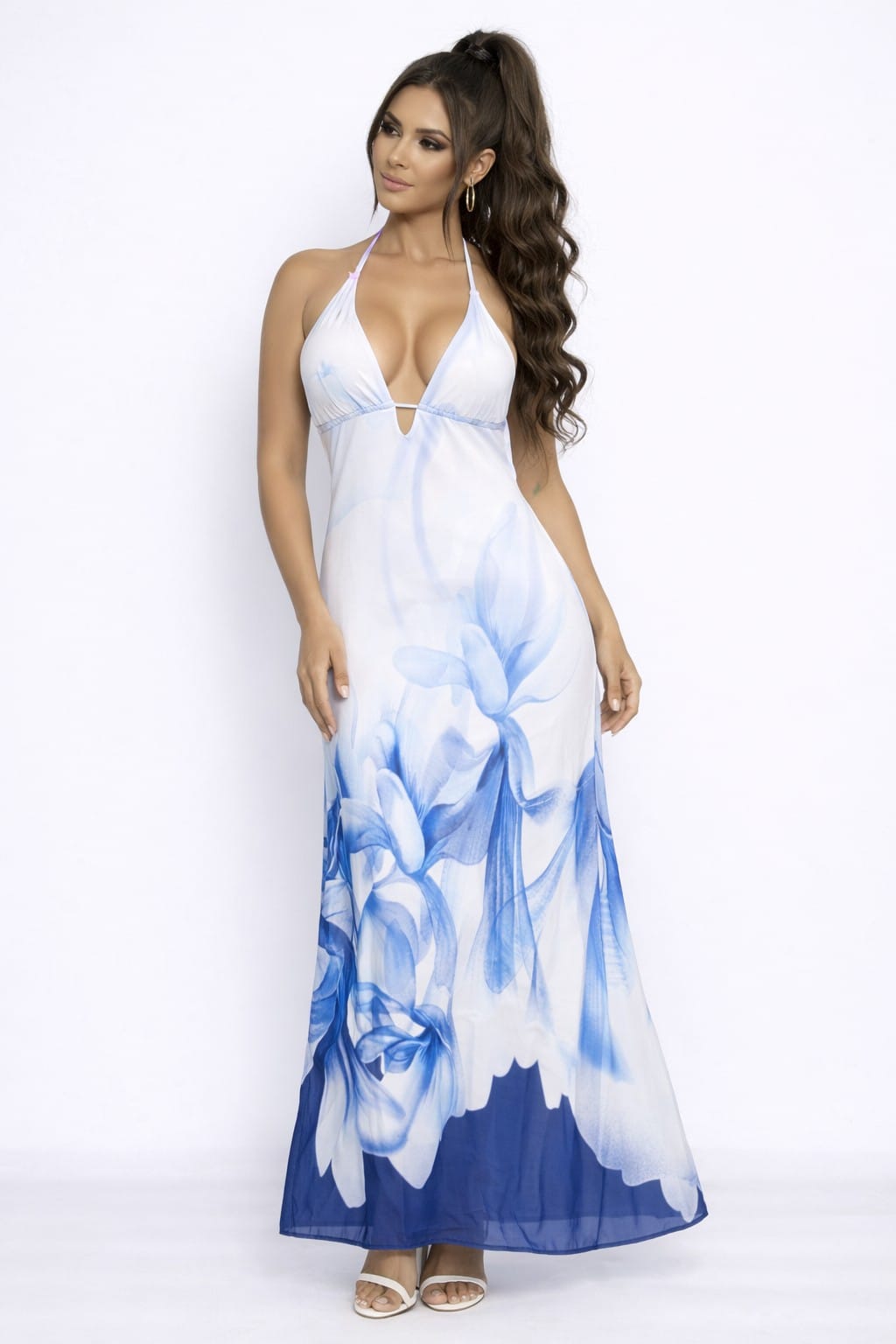 Women's Blue Liora Bloom Floral Print Halter Plunge Mesh Maxi Dress – front view