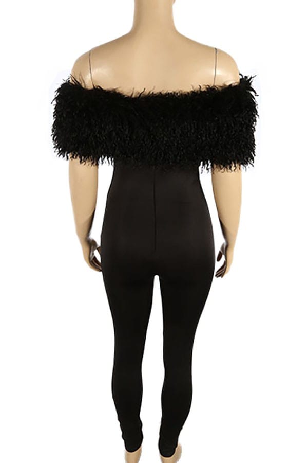 Women's black off-shoulder faux fur trim fitted jumpsuit - photo 3