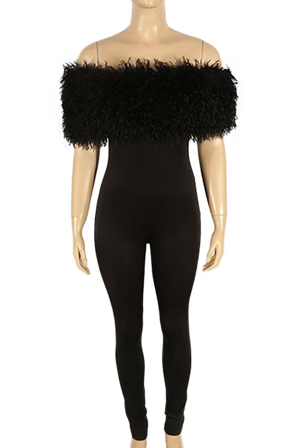 Women's black off-shoulder faux fur trim fitted jumpsuit