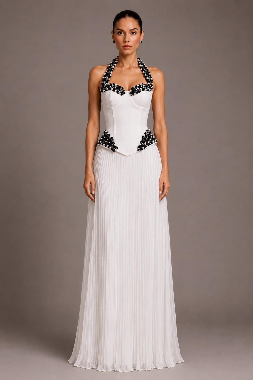 Women's white strapless corset maxi dress with sheer chiffon skirt