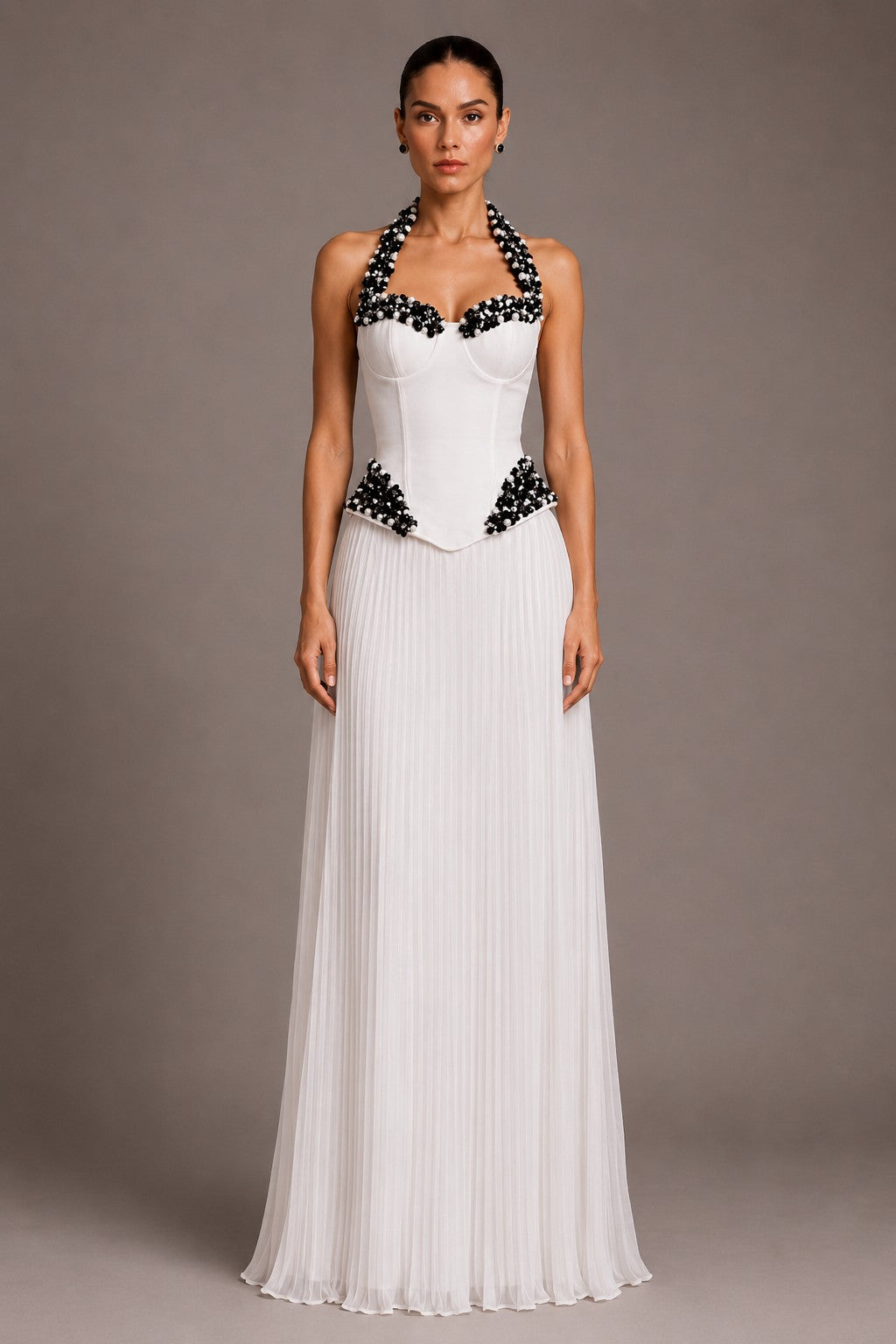 Women's white strapless corset maxi dress with sheer chiffon skirt