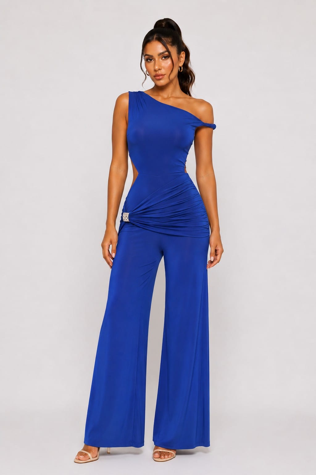 Women's After Midnight Cowl Neck Halter Flare Leg Jumpsuit – side view
