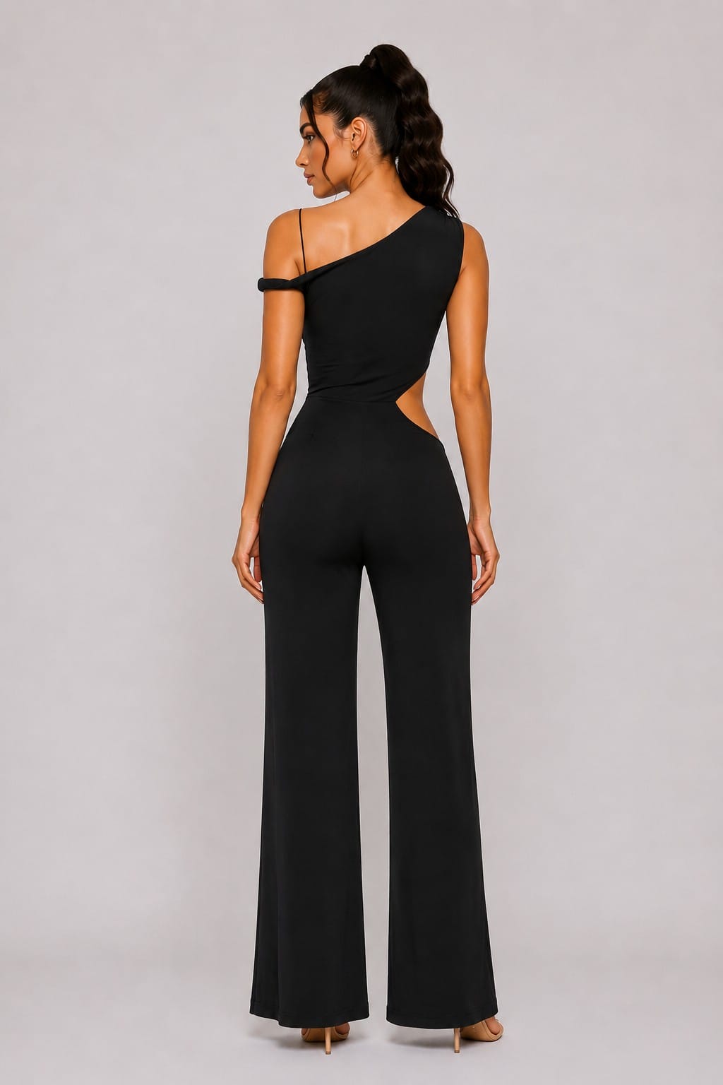 Women's After Midnight Cowl Neck Halter Flare Leg Jumpsuit – back view
