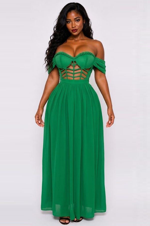 Women's Off-Shoulder Braided Trim Flowy Maxi Gown