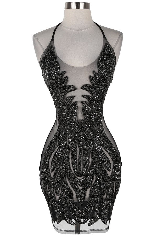 Women's black sequin halter sheer mesh mini dress - photo 2