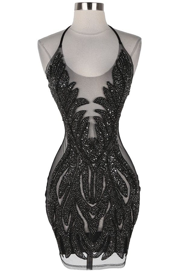 Women's black sequin halter sheer mesh mini dress - photo 2