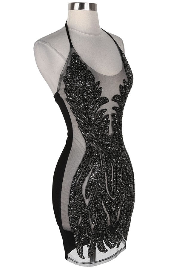 Women's black sequin halter sheer mesh mini dress - photo 3
