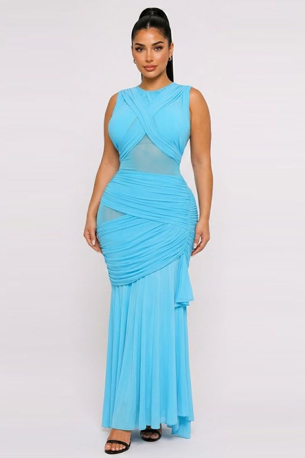 Women's Sleeveless Ruched Mesh Panel Maxi Dress