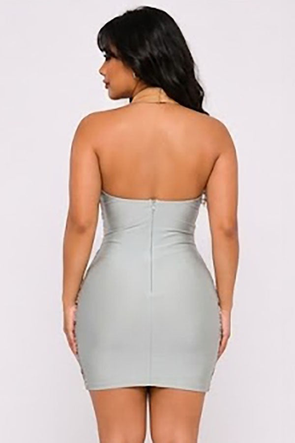Women's silver sequin halter plunge sculpted cup mini dress - photo 3