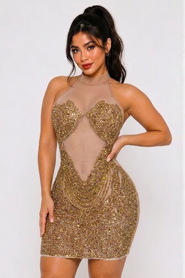 Women's gold sequin halter plunge sculpted cup mini dress