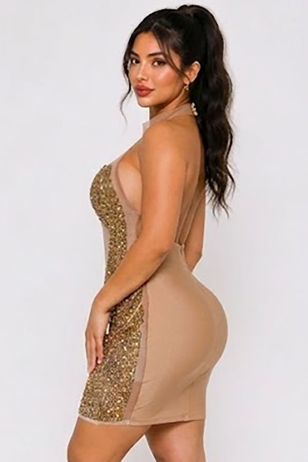 Women's gold sequin halter plunge sculpted cup mini dress - photo 2