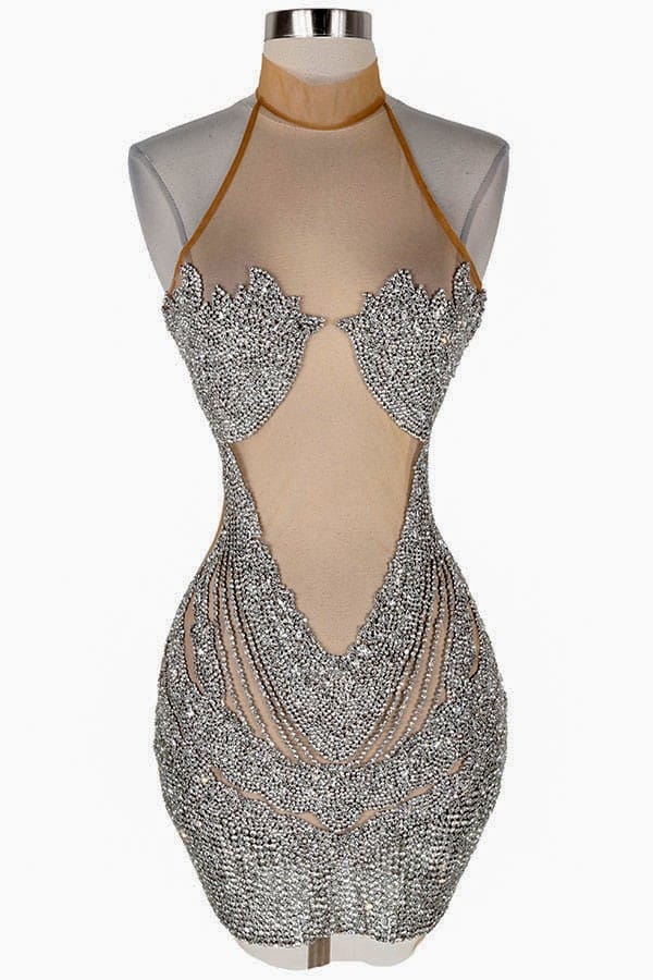 Women's silver sequin halter plunge sculpted cup mini dress - photo 4