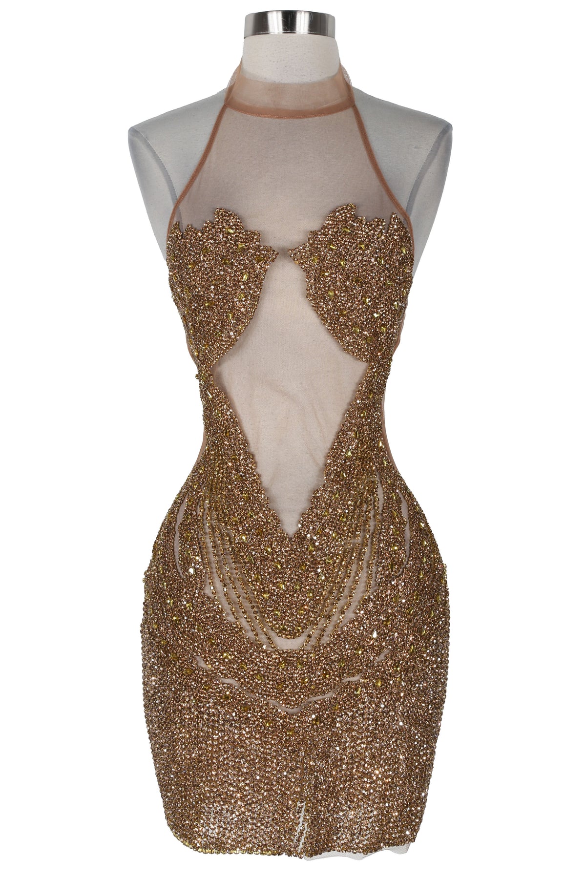 Women's gold sequin halter plunge sculpted cup mini dress - photo 4