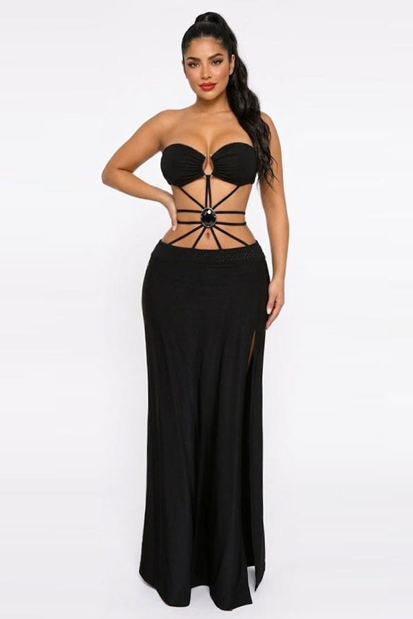 Women's Strapless Cutout Side Slit Maxi Dress
