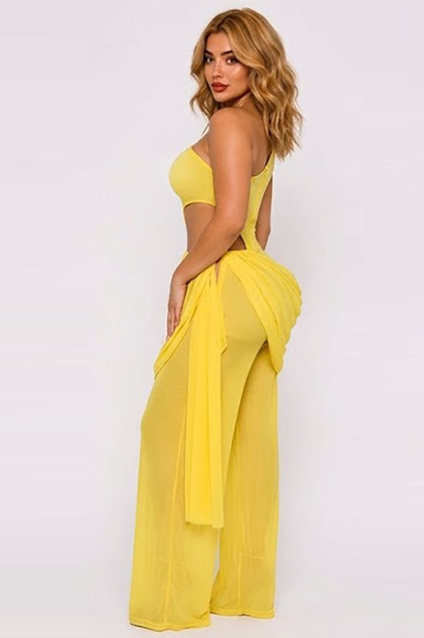 Women's One-Shoulder Cutout Sheer Wide-Leg Jumpsuit - photo 3